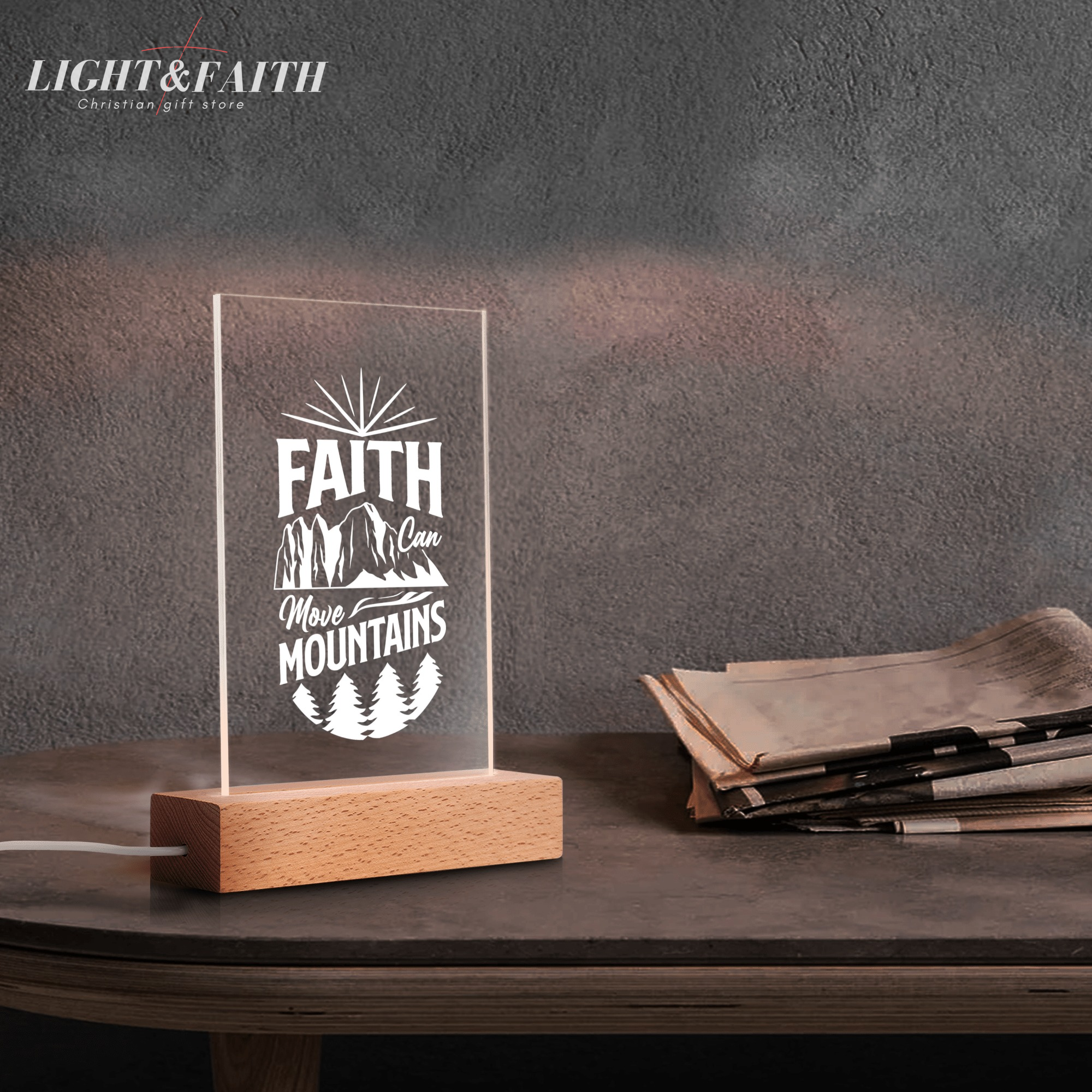 Faith Can Move Moutains LED Light, Christian Bible Verse Lamp, Inspirational Acrylic Night Light, Religious Home Decor, Faith Gift for Believers. NLLAF34